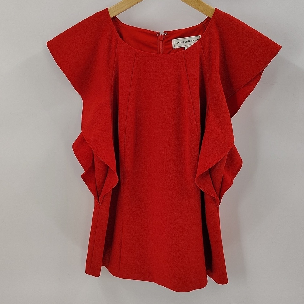 Katherine Kelly Blouse Size Small Deep Orange Ruffle Sleeve